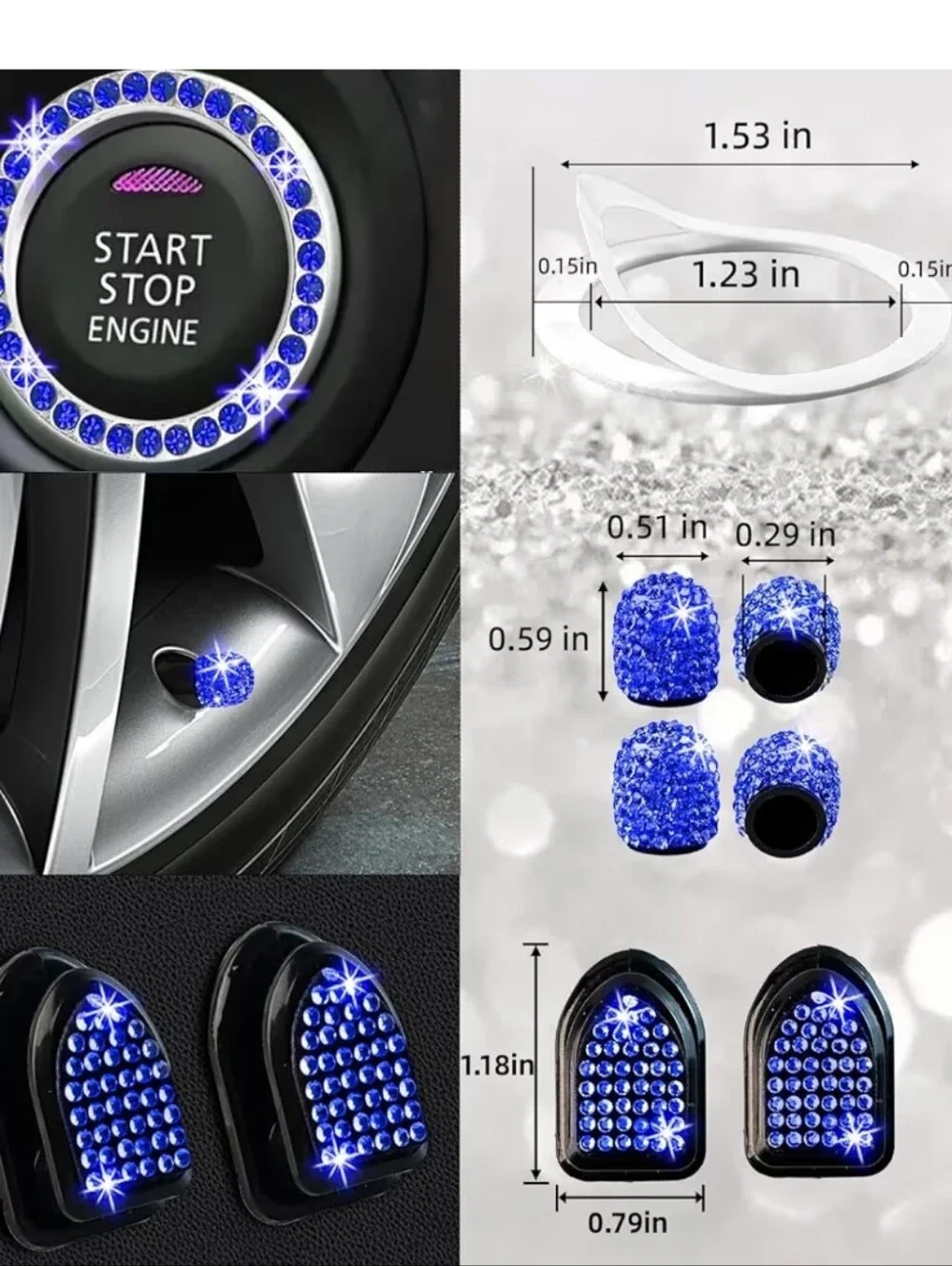 Blue Rhinestone Car Phone Accessory Set - Sparkle Steering Wheel Cover & Holders